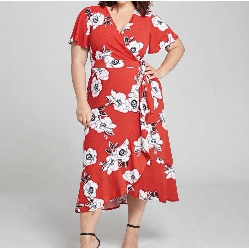 Lane Bryant red white floral flutter-sleeve faux-wrap midi dress
